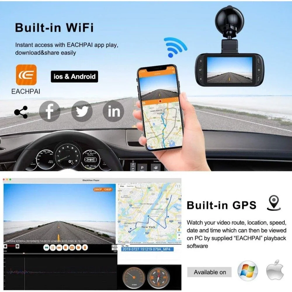 4K Dash Cam Dual Front & Back Camera UHD WiFi Night Vision GPS EACHPAI K200 Pro